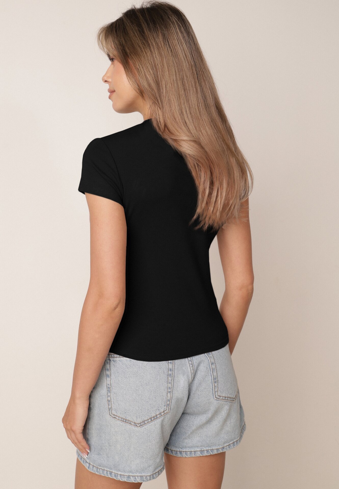 rosse line T-shirt simplu din viscoză cu guler tip tunică în stil minimalist Deleus Negru