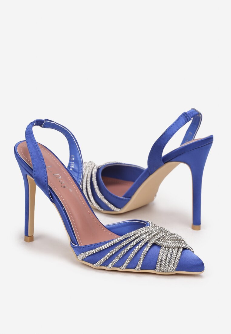  Sandale Albastre din satin cu toc stiletto cu zirconii Zore
