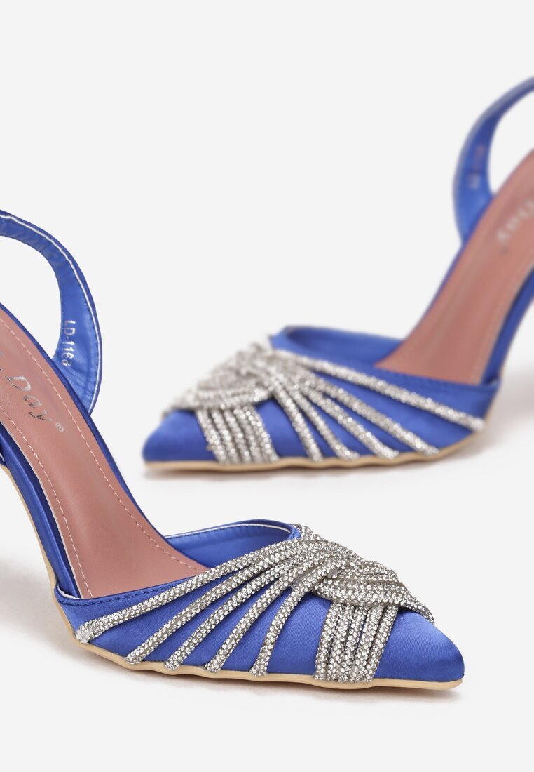  Sandale Albastre din satin cu toc stiletto cu zirconii Zore