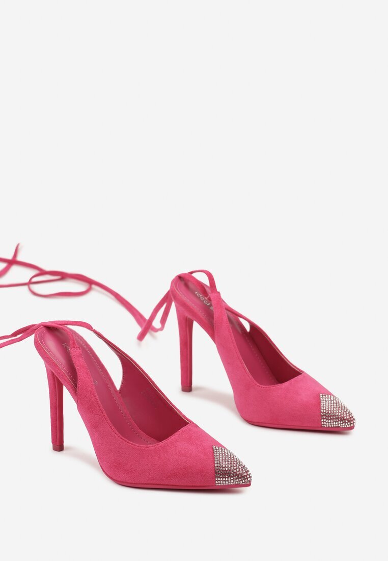  Sandale fuchsia cu toc cui cu legătură în jurul gambei și vârf cu cristale Fidodia