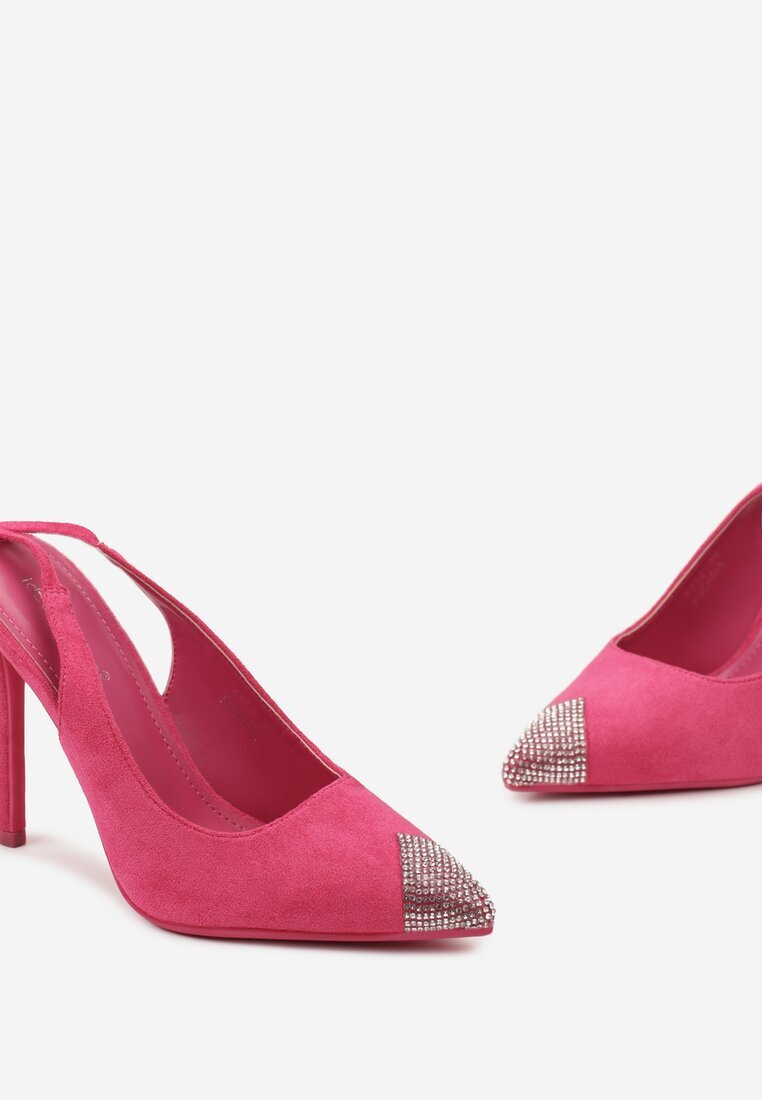  Sandale fuchsia cu toc cui cu legătură în jurul gambei și vârf cu cristale Fidodia