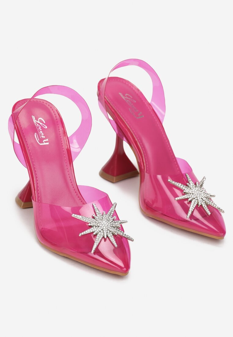  Sandale fucsia cu toc clepsidră cu decorațiune din strasuri Ellagrace