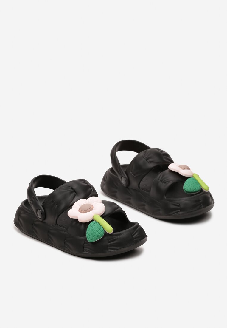  Sandale Negre Decorate cu Floare cu Curea la Călcâi Orialis