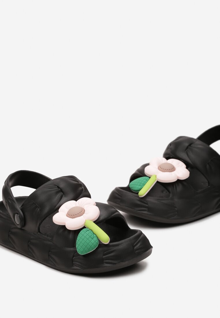  Sandale Negre Decorate cu Floare cu Curea la Călcâi Orialis