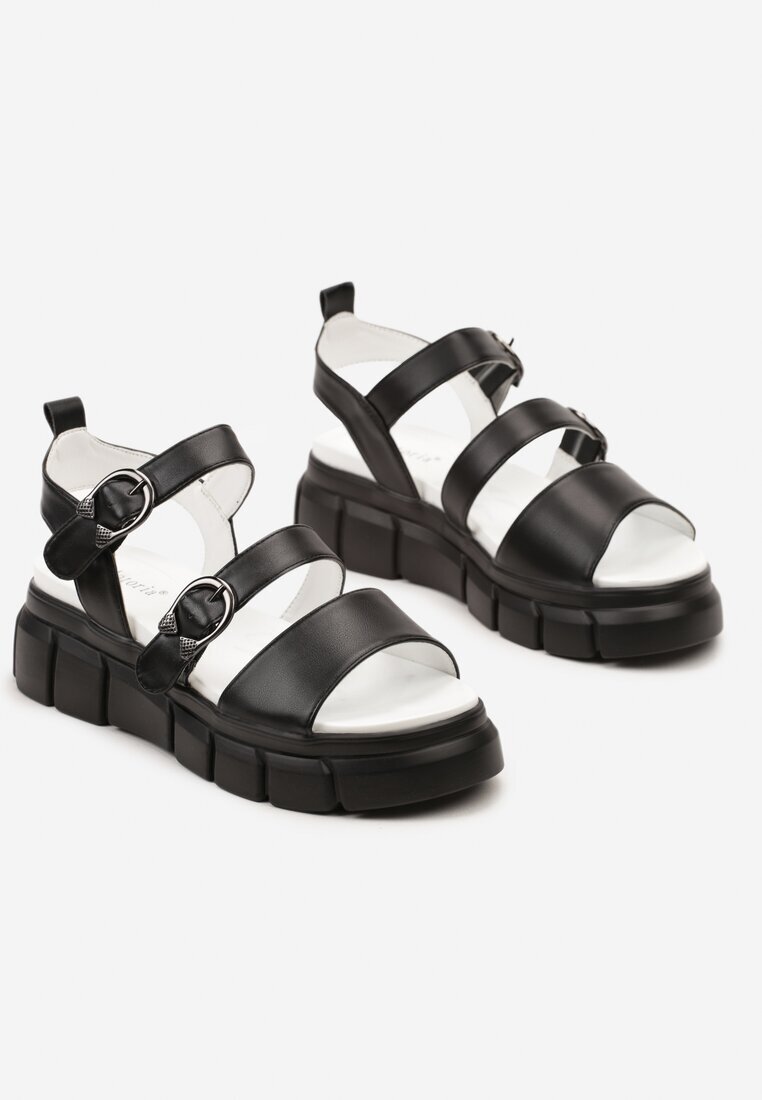  Sandale Negre din Imitație de Piele cu Talpă Groasă cu Cataramă Wariana