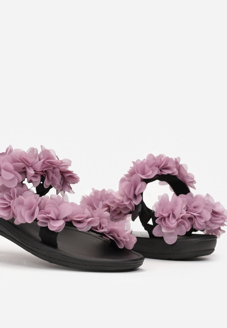  Sandale Negre-Violete cu Barete Decorative cu Flori și Velcro Tiatia
