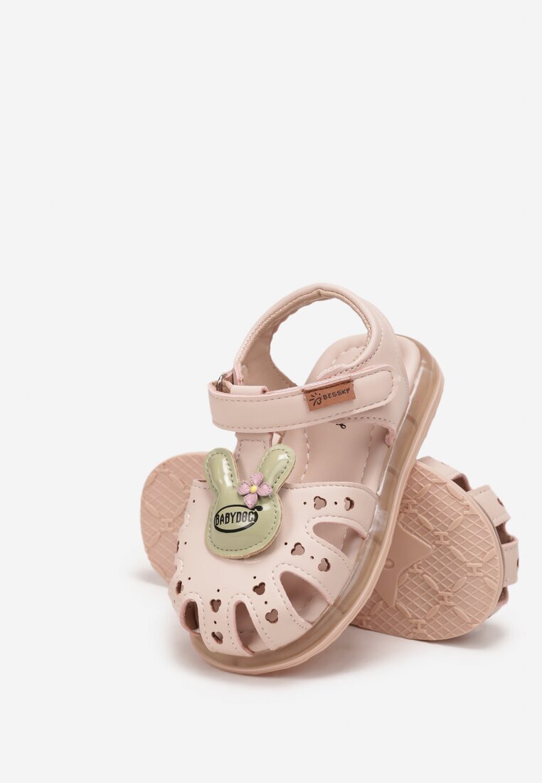  Sandale roz cu velcro cu decupaje decorative și iepurașul Adaliena