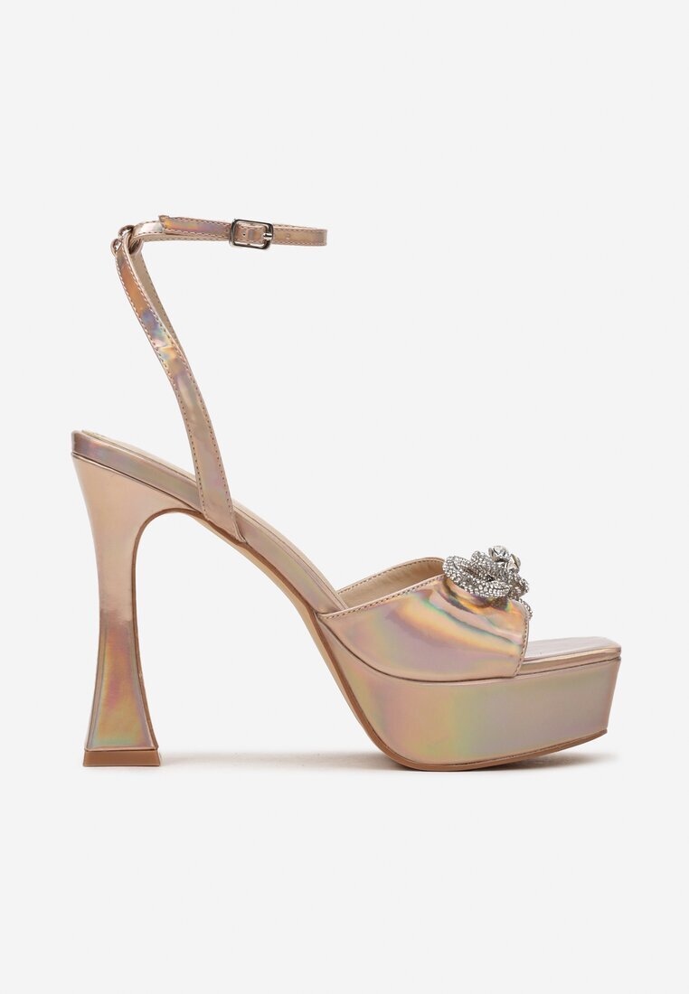  Sandale Șampanie pe Platformă și Toc Stiletto Geometric cu Fundiță Strălucitoare Merlossa