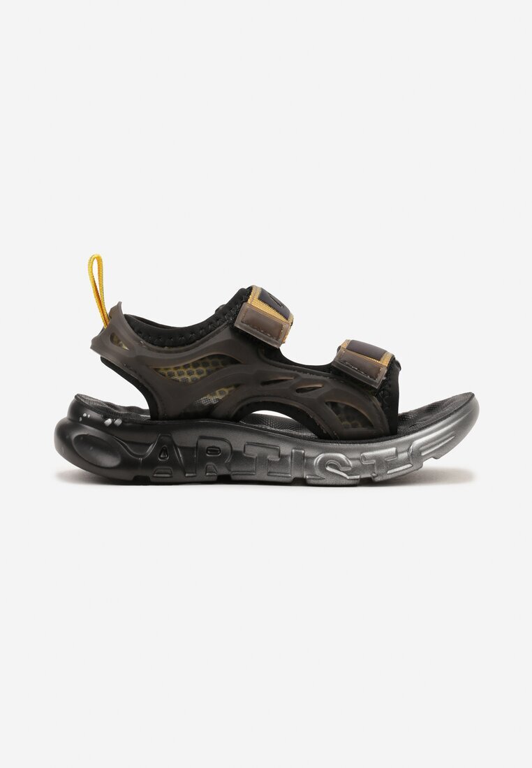  Sandale Sport Negre-Galbene cu Velcro și Talpă Embosată Ginkoa