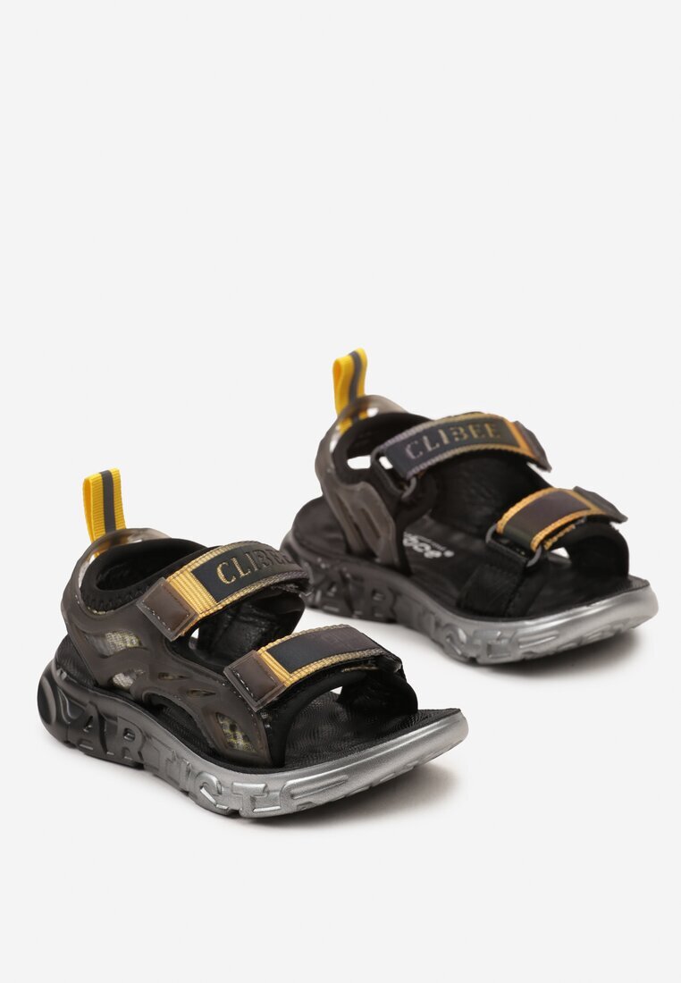  Sandale Sport Negre-Galbene cu Velcro și Talpă Embosată Ginkoa