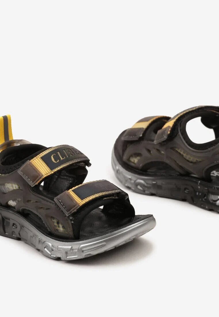  Sandale Sport Negre-Galbene cu Velcro și Talpă Embosată Ginkoa