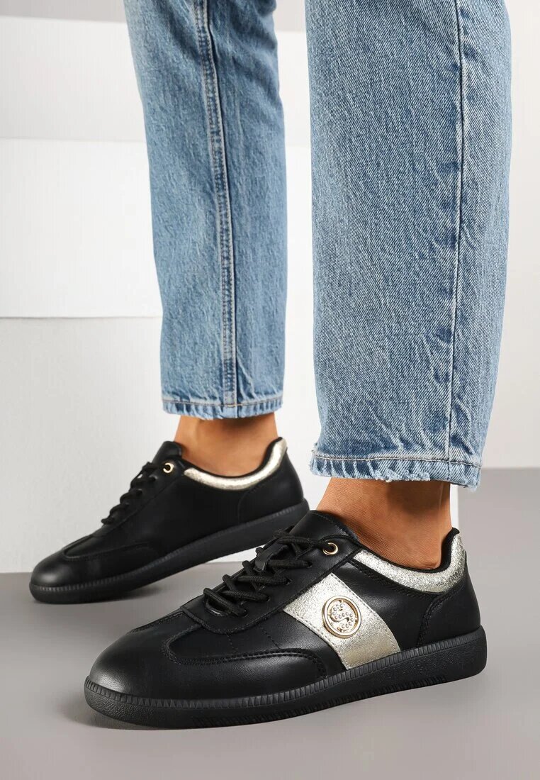 santorio Sneakerși din Piele Negru-Auriu Clasici cu Detalii Metalice Marins