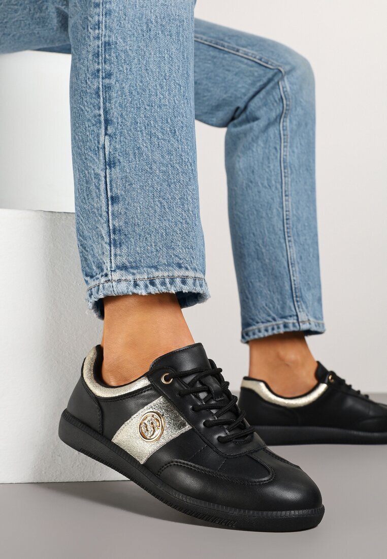 santorio Sneakerși din Piele Negru-Auriu Clasici cu Detalii Metalice Marins