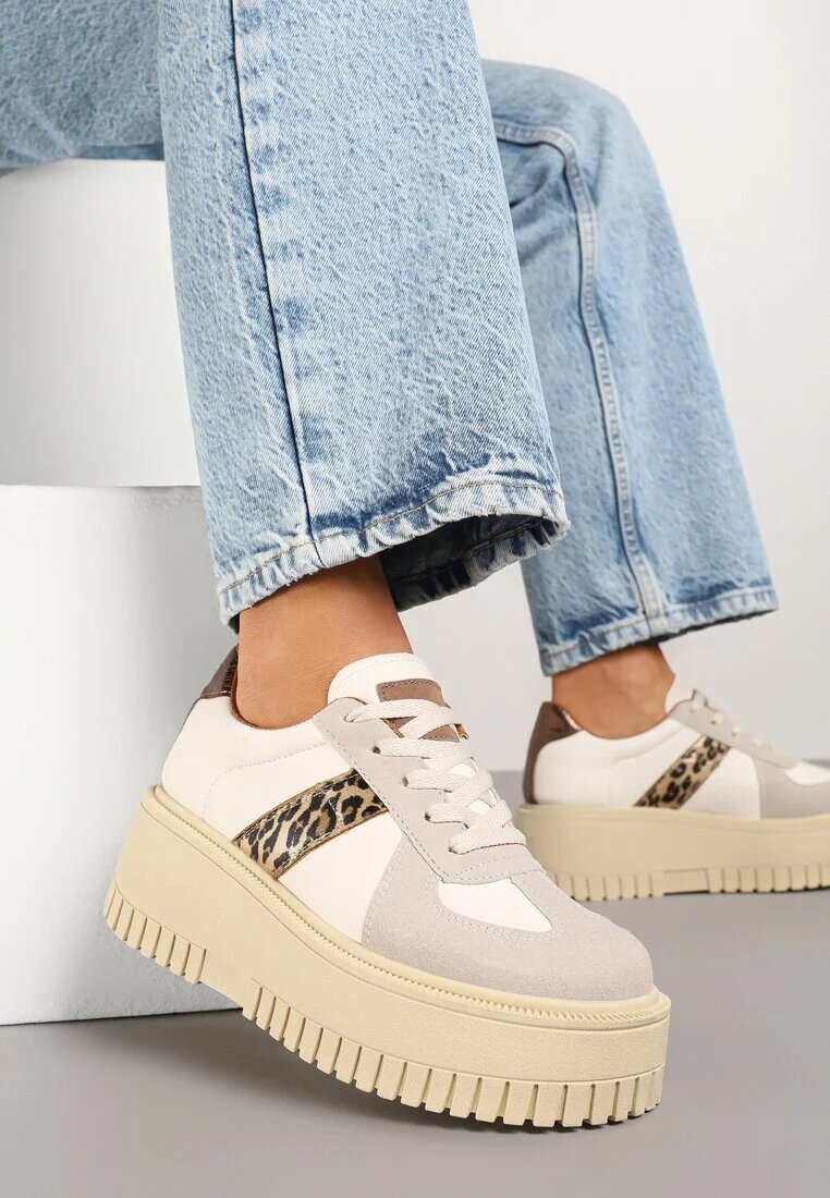 seastar Adidași bej cu imprimeu leopard pe talpă groasă cu baretă decorativă Viviriana