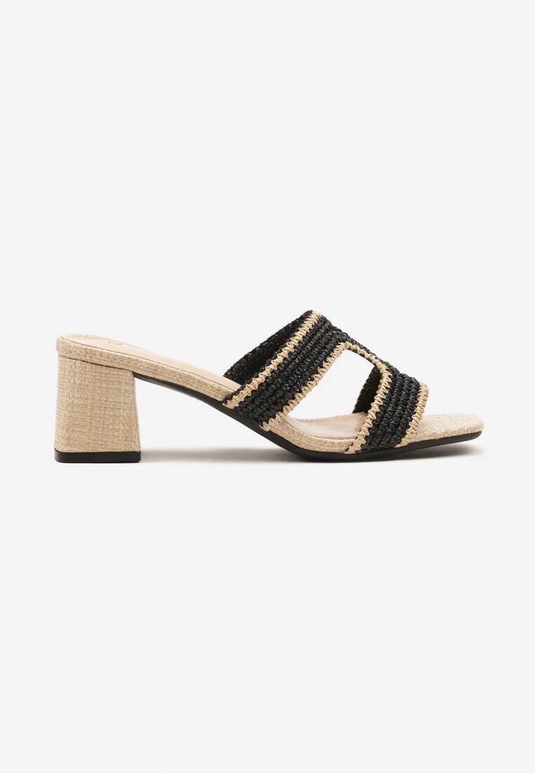 seastar Papuci Negru-Bej cu toc cu baretă geometrică și împletitură Ridiriana