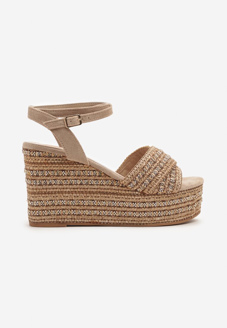 seastar Sandale Bej închis stil Boho cu talpă pană împletită decorate cu fir metalic Remolia