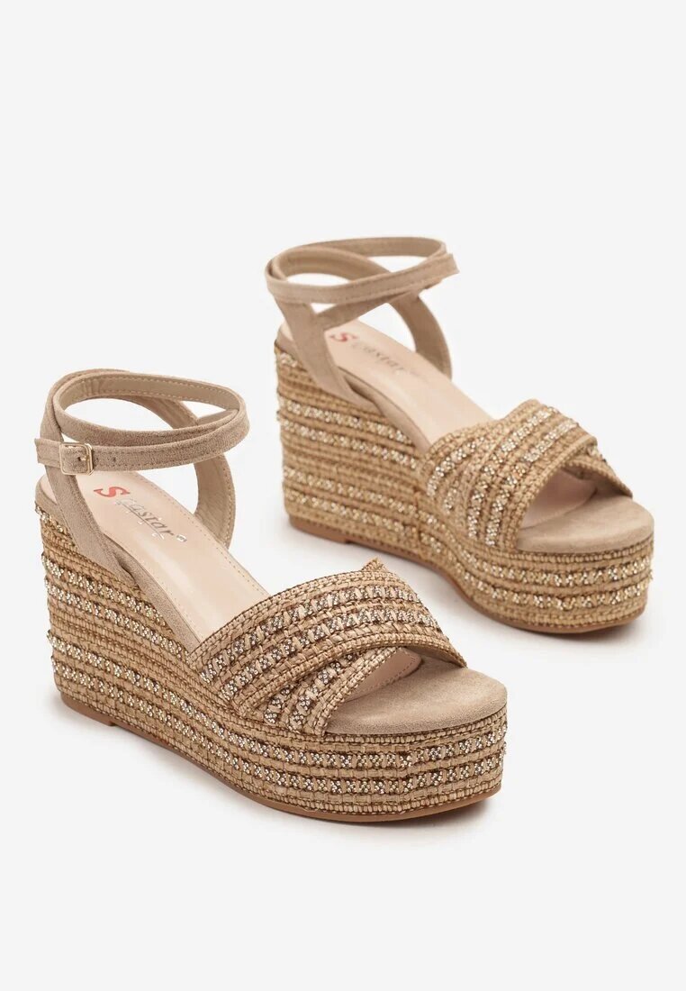 seastar Sandale Bej închis stil Boho cu talpă pană împletită decorate cu fir metalic Remolia