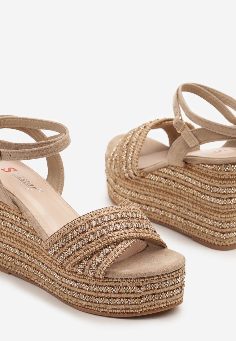 seastar Sandale Bej închis stil Boho cu talpă pană împletită decorate cu fir metalic Remolia