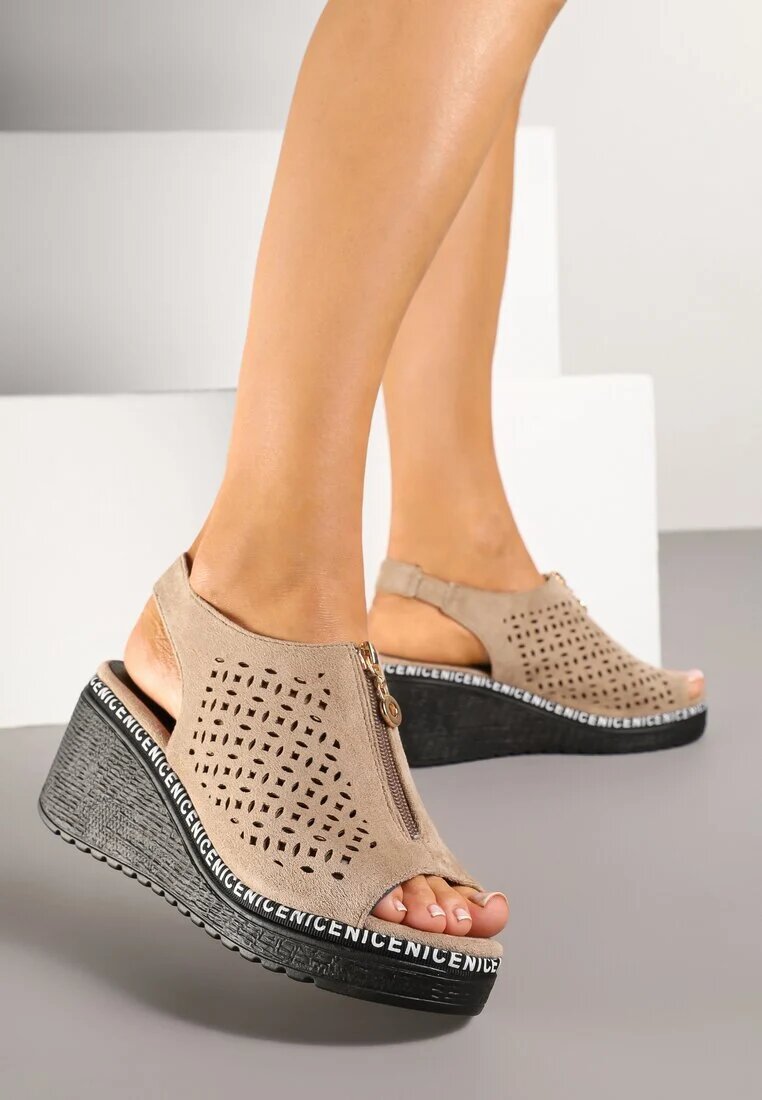 seastar Sandale perforate bej închis cu platformă cu fermoar Adivine