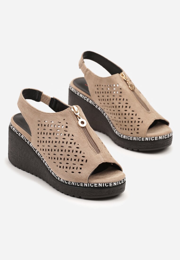 seastar Sandale perforate bej închis cu platformă cu fermoar Adivine