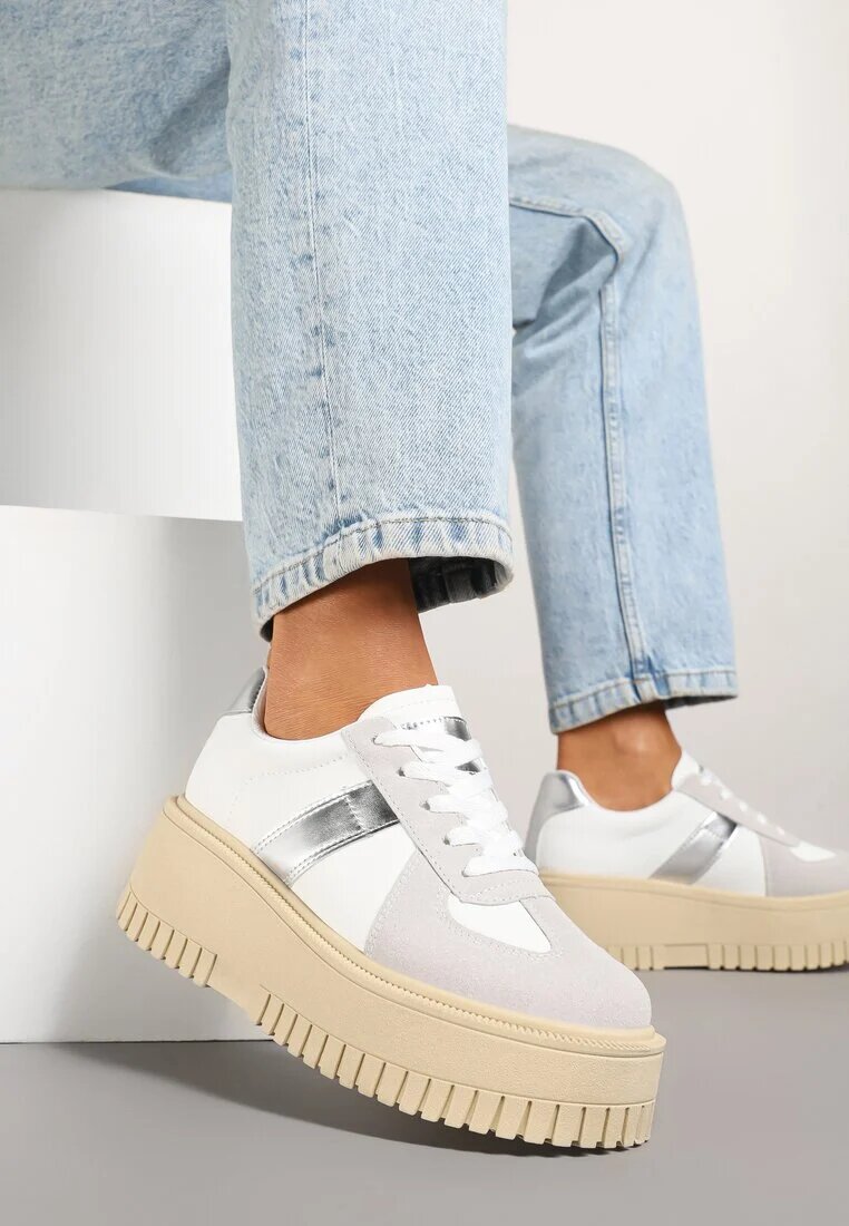 seastar Sneakers Alb-Gri cu Talpă Groasă cu Baretă Decorativă Viviriana