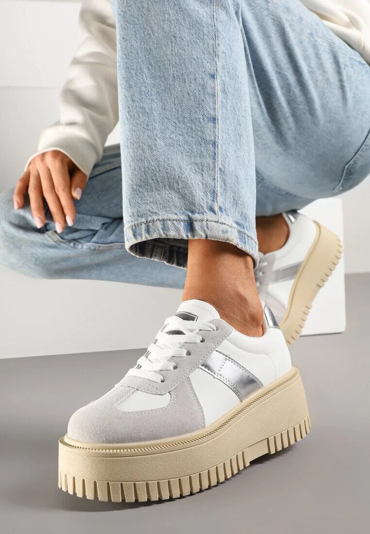 seastar Sneakers Alb-Gri cu Talpă Groasă cu Baretă Decorativă Viviriana