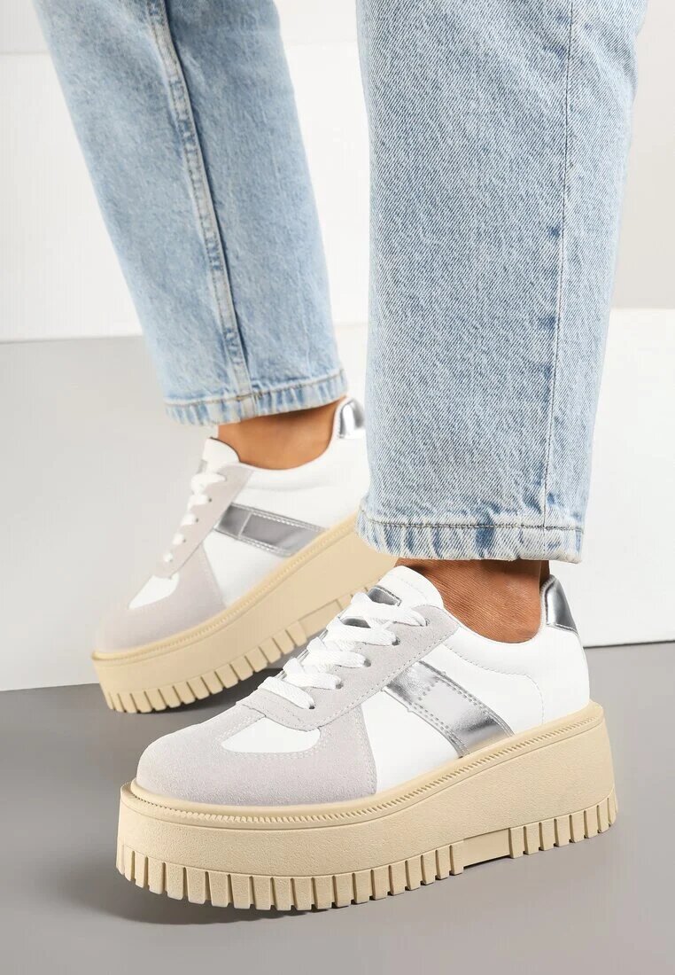 seastar Sneakers Alb-Gri cu Talpă Groasă cu Baretă Decorativă Viviriana