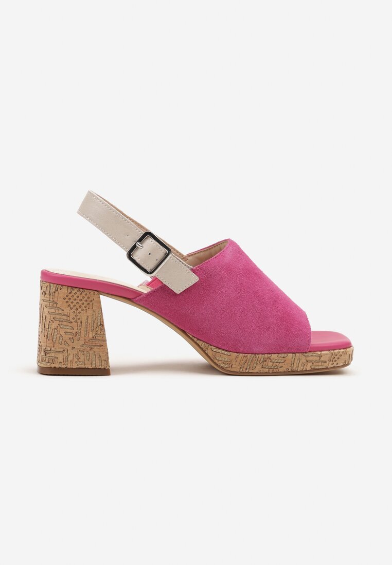 sergio leone Sandale Fucsia din Piele Întoarsă cu Toc Gros cu Branț din Piele Linidra