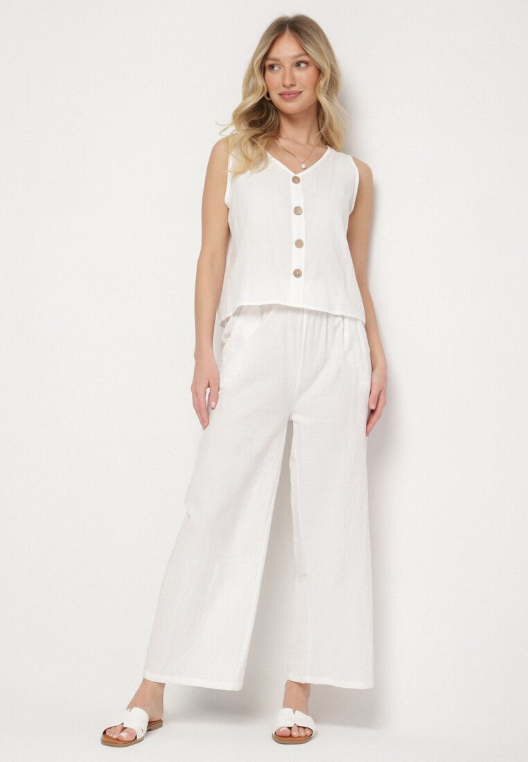  Set Alb De Bumbac Maiou cu Nasturi Pantaloni cu Elastic în Talie Juliancella