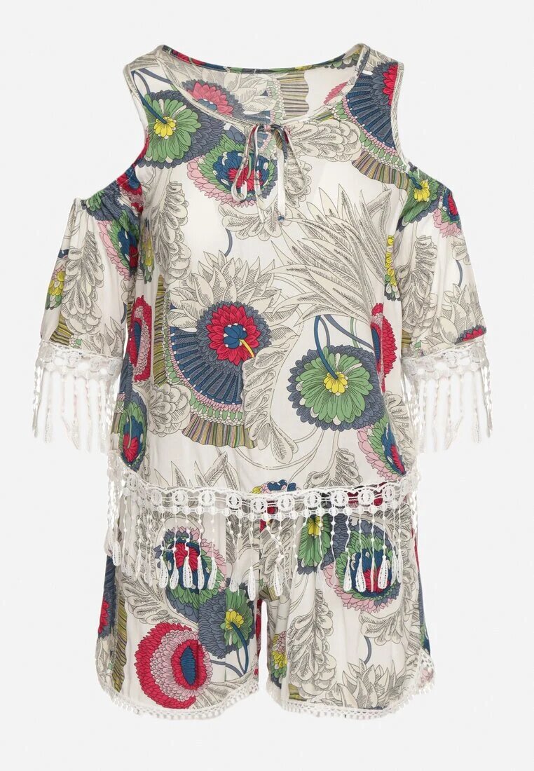  Set Alb Decorat cu Franjuri cu Model Abstract Bluză cu Decupaje la Umeri și Pantaloni scurți Setella