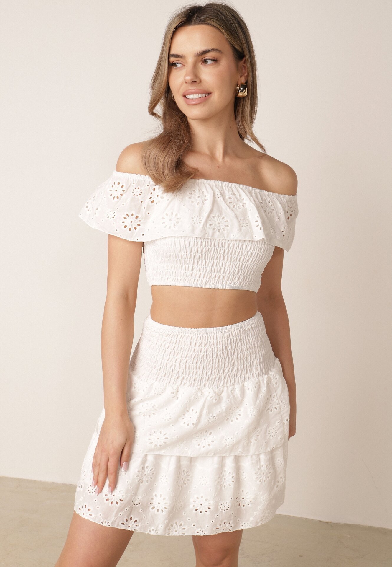  Set Alb Din 2 Piese Din Bumbac Ajour Top Stil Spaniol Fustă Cu Elastic Lavima
