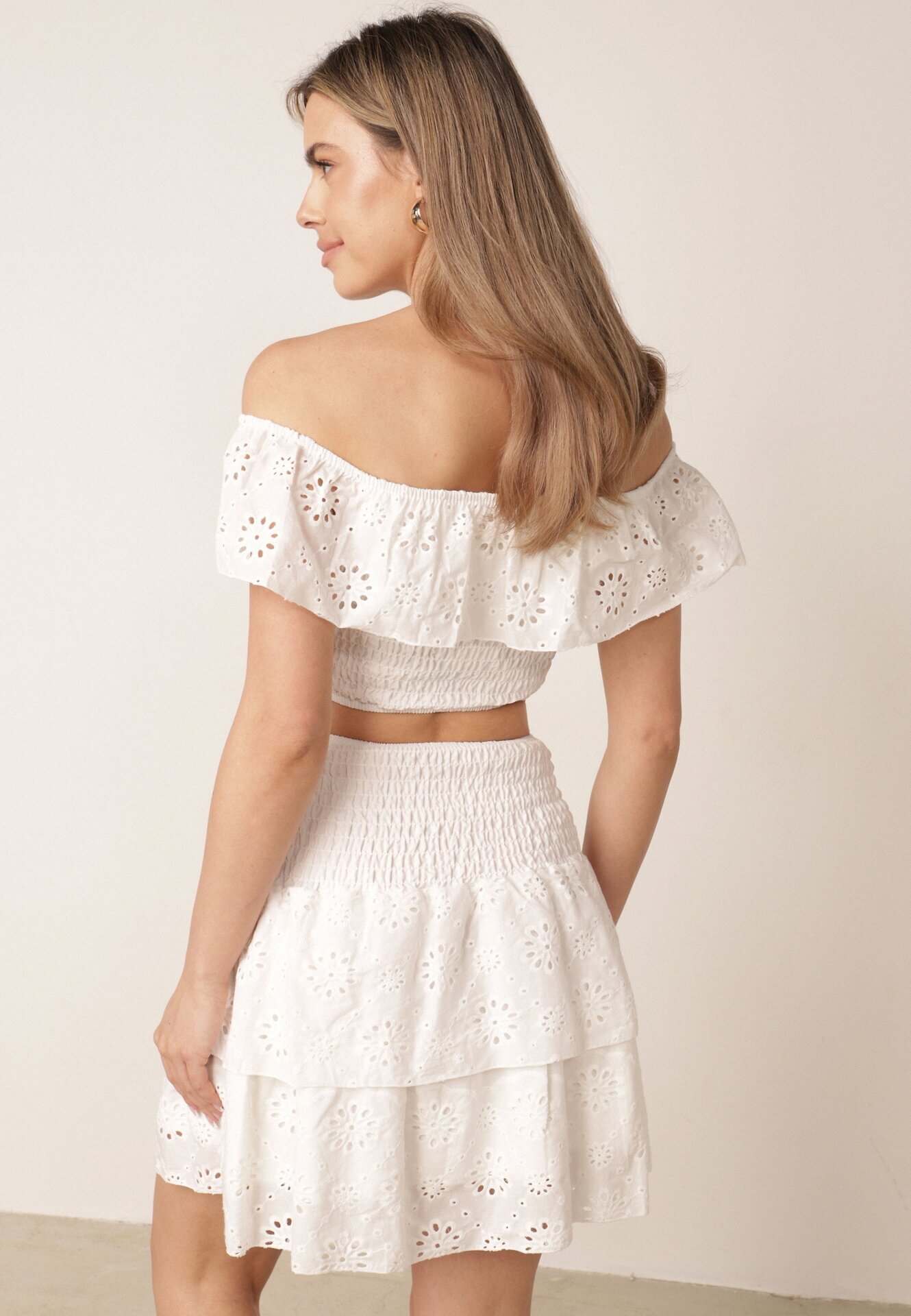 Set Alb Din 2 Piese Din Bumbac Ajour Top Stil Spaniol Fustă Cu Elastic Lavima