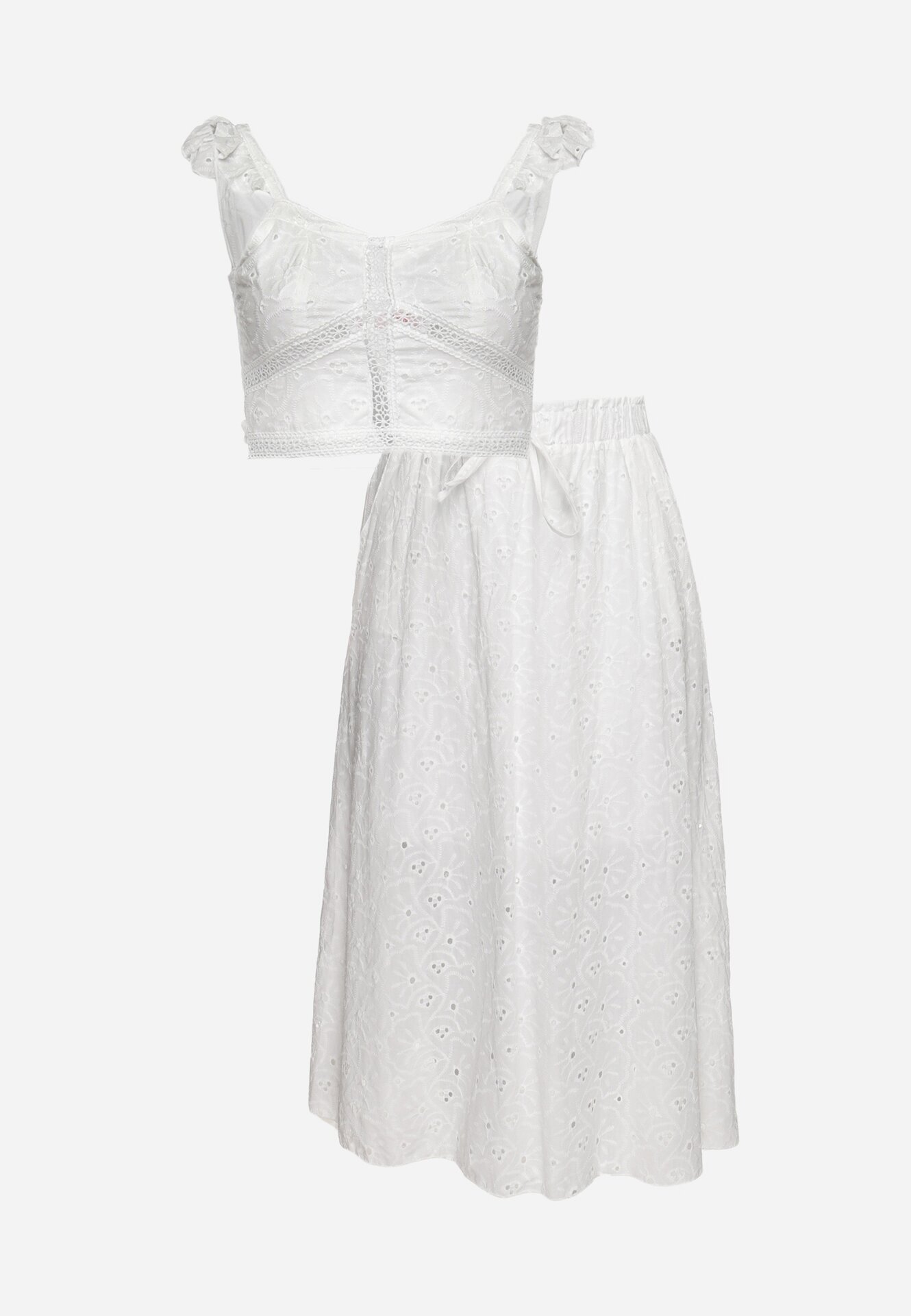  Set Alb în Stil Boho Top din Dantelă și Fustă Cloș cu Elastic în Talie Sovemia