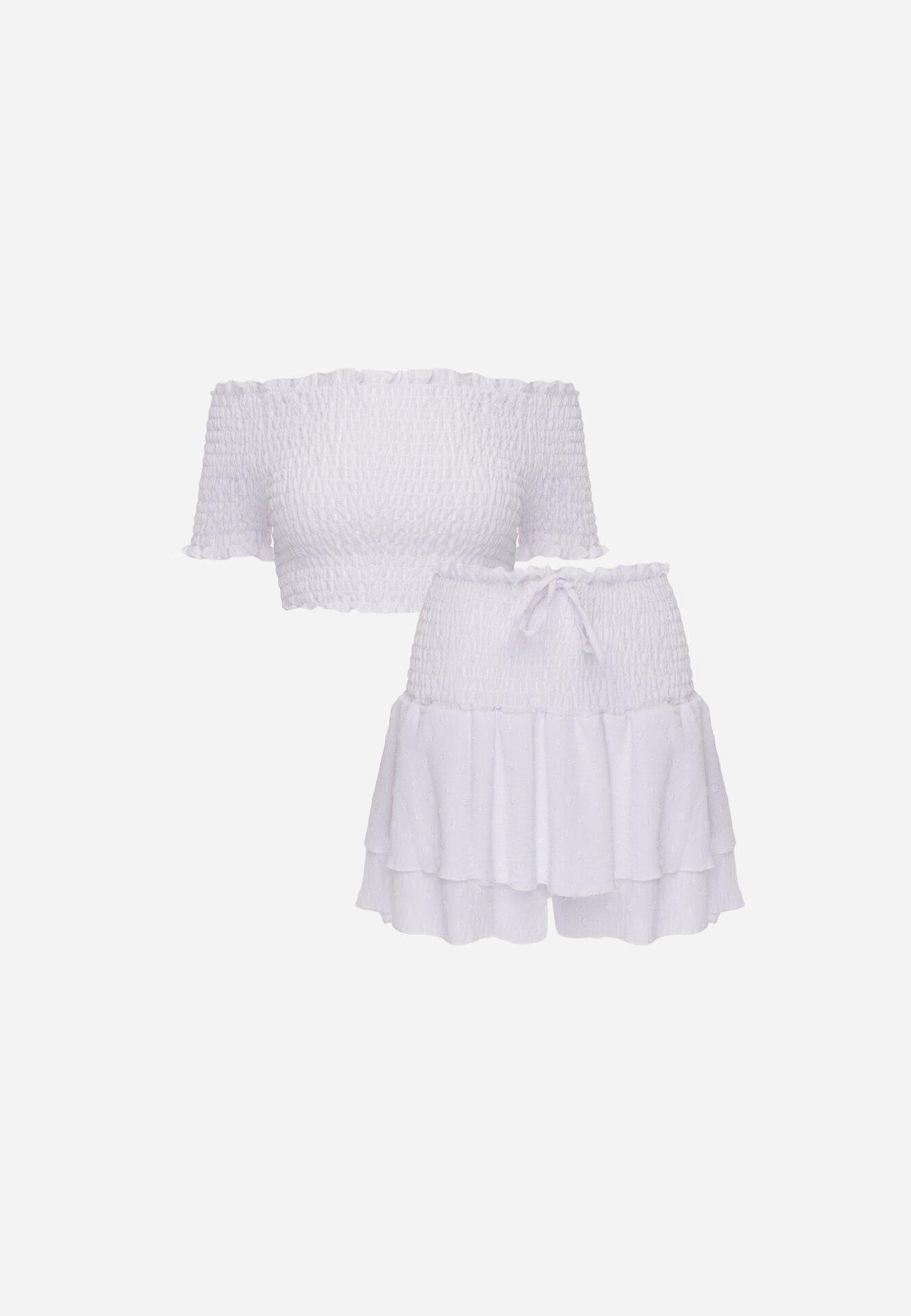  Set Alb Top în stil spaniolă și Fustă-Pantaloni scurți cu elastic Quillatta