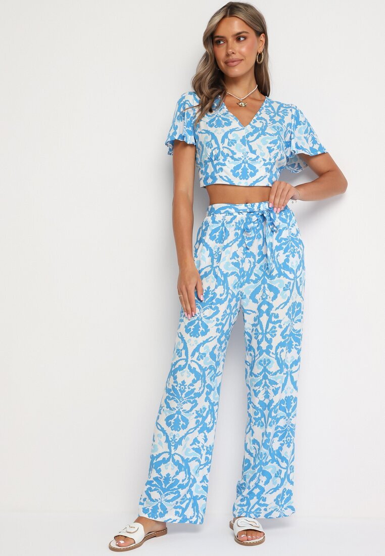  Set Albastru cu tricou scurt și pantaloni cu model ornamental din bumbac Oliani