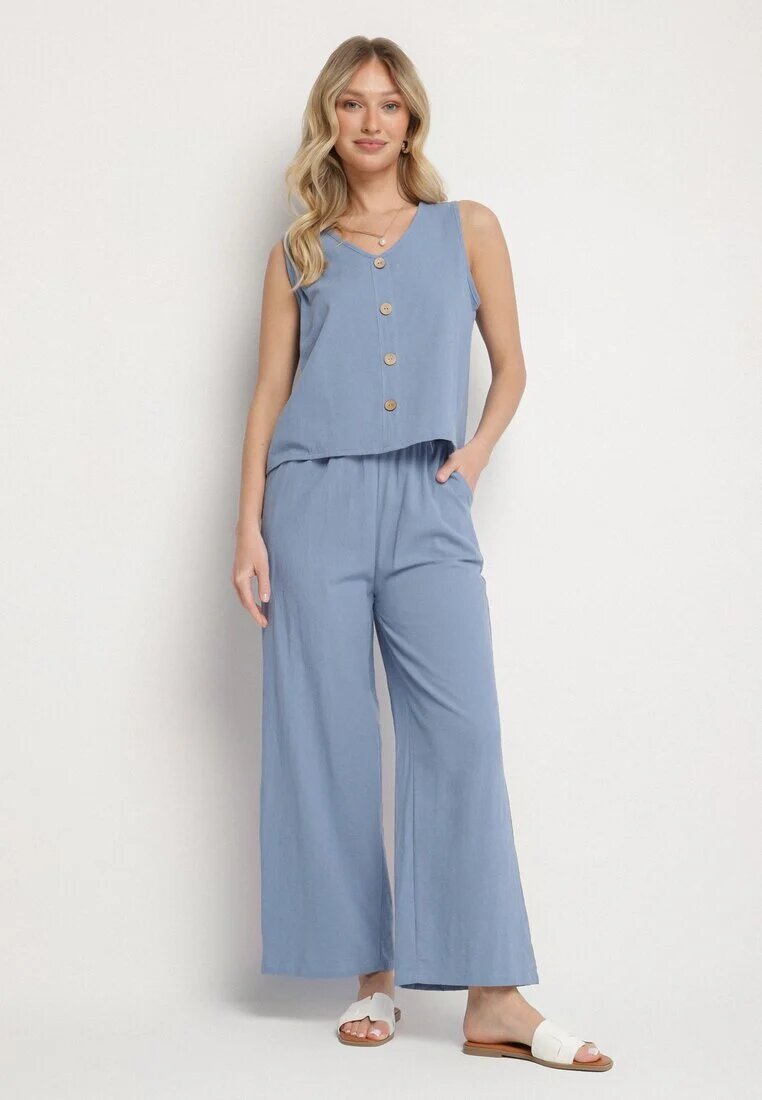  Set Albastru Din bumbac Bluză fără mâneci cu nasturi Pantaloni cu elastic în talie Juliannacella