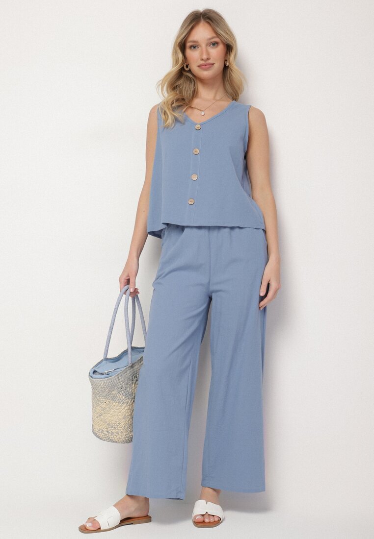  Set Albastru Din bumbac Bluză fără mâneci cu nasturi Pantaloni cu elastic în talie Juliannacella