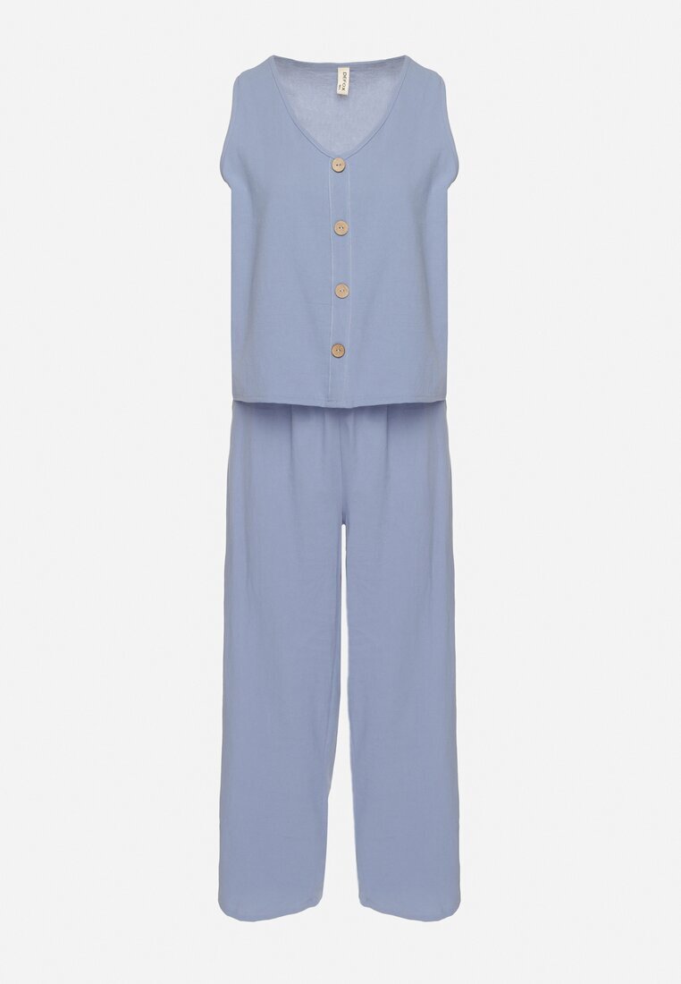  Set Albastru Din bumbac Bluză fără mâneci cu nasturi Pantaloni cu elastic în talie Juliannacella