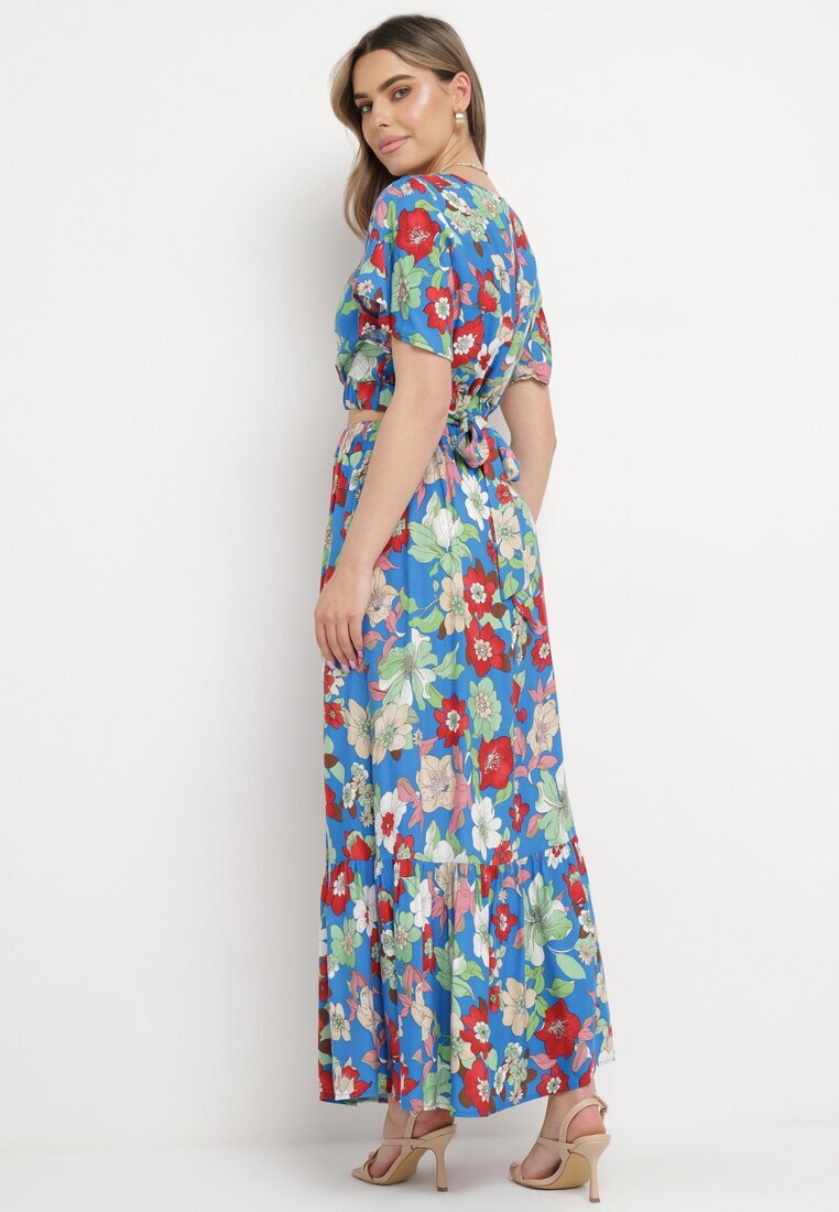  Set albastru din viscoză cu imprimeu floral Bluză petrecută și Fustă cu elastic în talie Hoffia