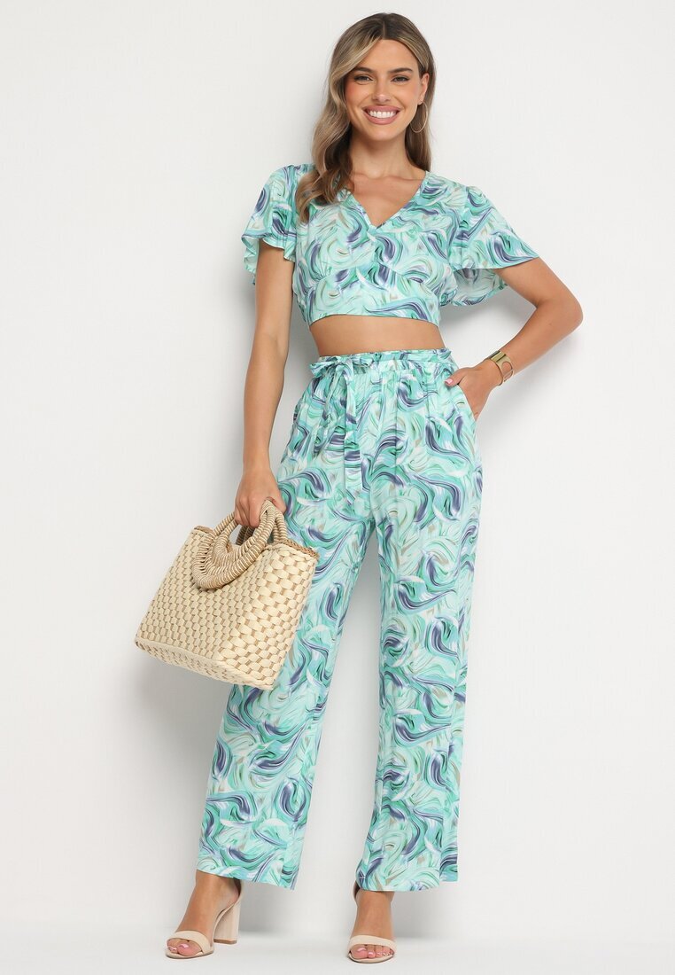  Set Albastru-Verde din Bumbac Top cu Mânecă Scurtă Pantaloni Lărgi cu Elastic în Talie Zoriadia