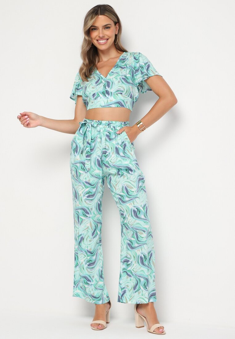  Set Albastru-Verde din Bumbac Top cu Mânecă Scurtă Pantaloni Lărgi cu Elastic în Talie Zoriadia