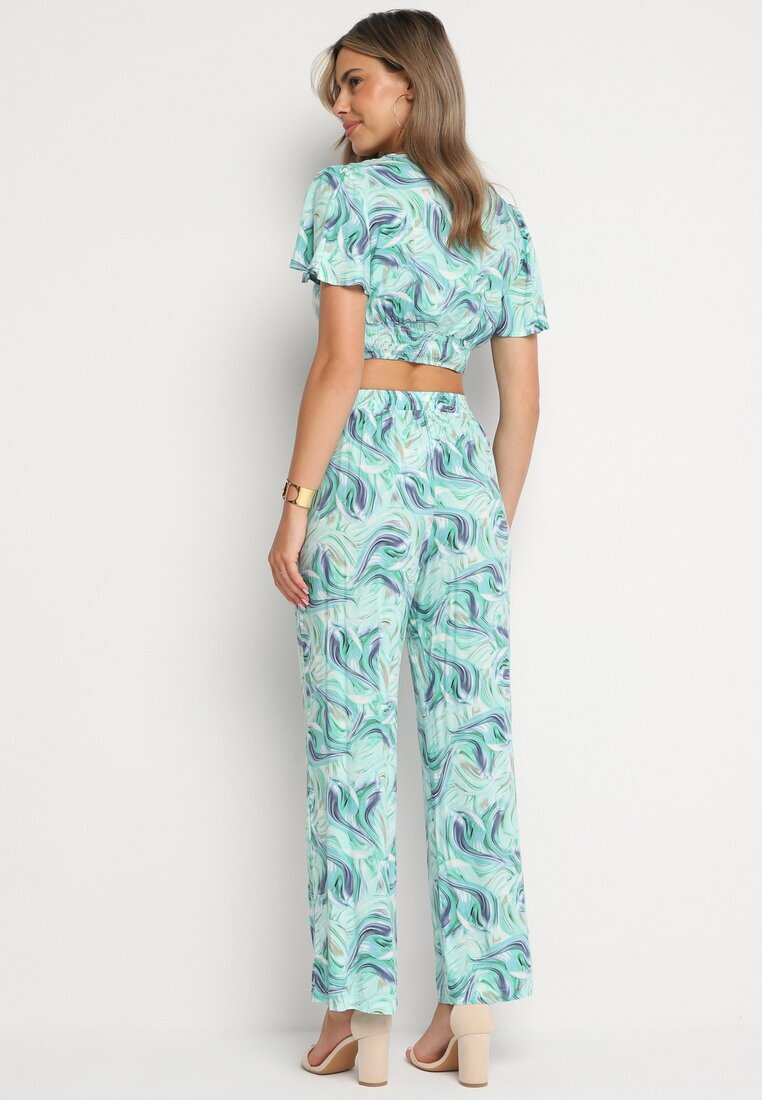  Set Albastru-Verde din Bumbac Top cu Mânecă Scurtă Pantaloni Lărgi cu Elastic în Talie Zoriadia