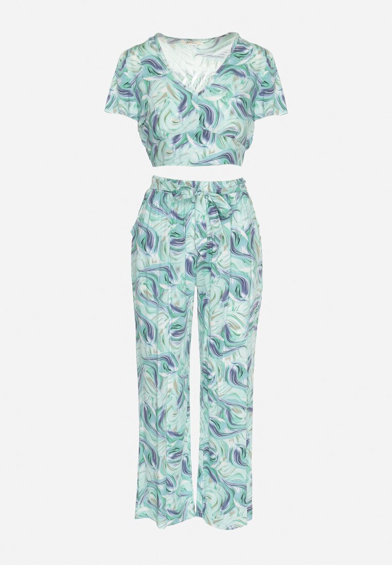 Set Albastru-Verde din Bumbac Top cu Mânecă Scurtă Pantaloni Lărgi cu Elastic în Talie Zoriadia
