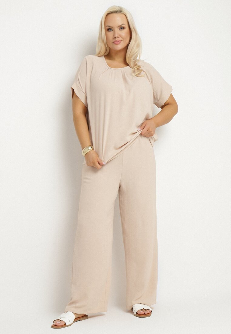  Set Bej cu Bumbac Bluză cu încrețituri și Pantaloni Largi Jenindriela
