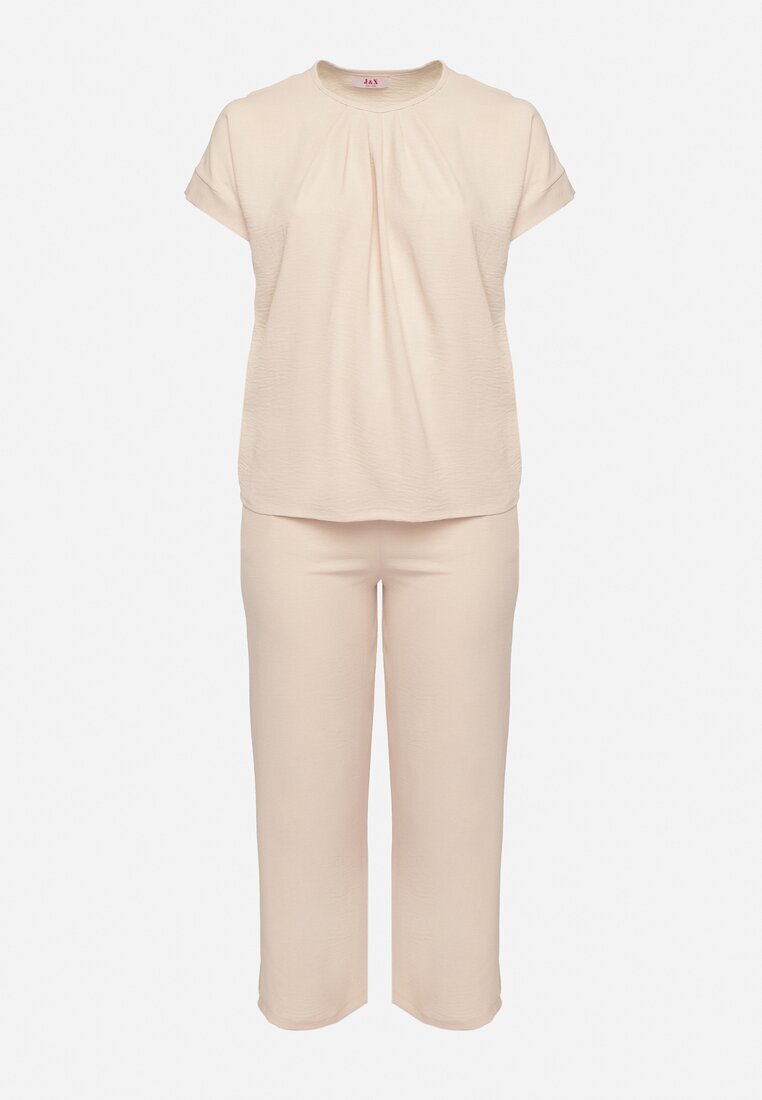  Set Bej cu Bumbac Bluză cu încrețituri și Pantaloni Largi Jenindriela