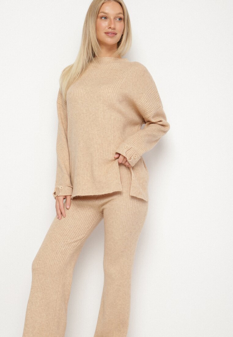  Set bej deschis cu bumbac și lână Pulover cu nasturi și șliț Pantaloni largi Sialita
