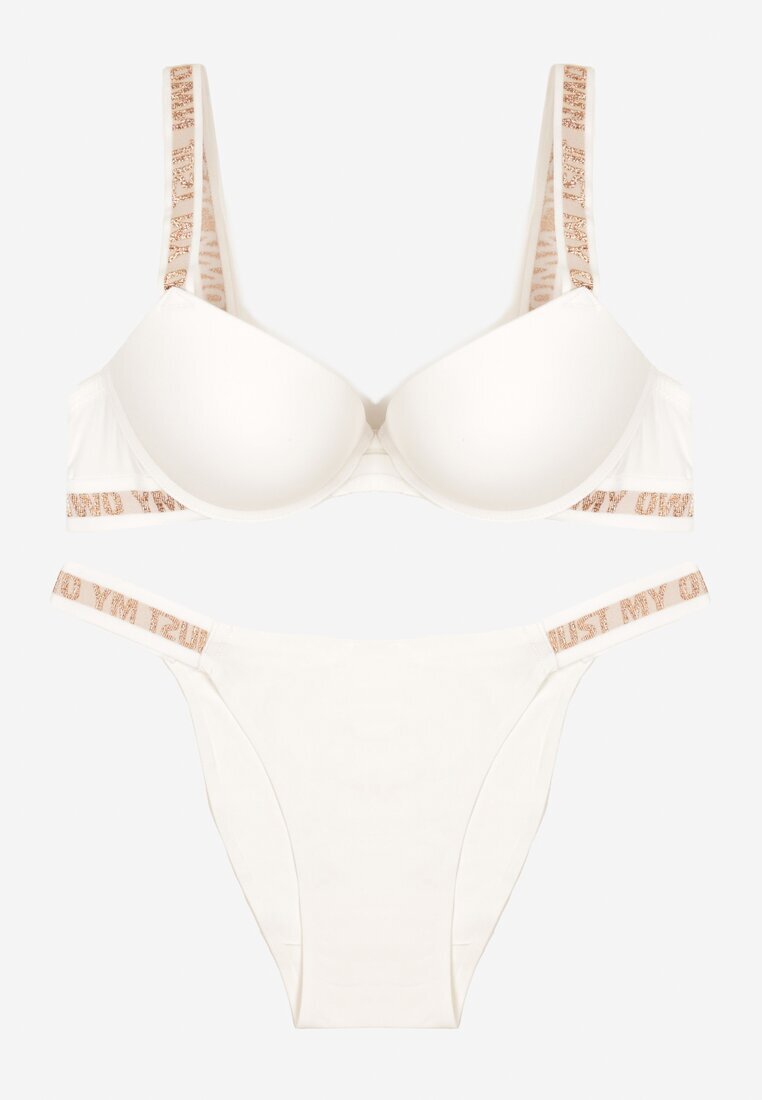  Set Bej deschis Sutien Push-Up și Chiloți tip figi decupați decorați cu inscripții Bralara