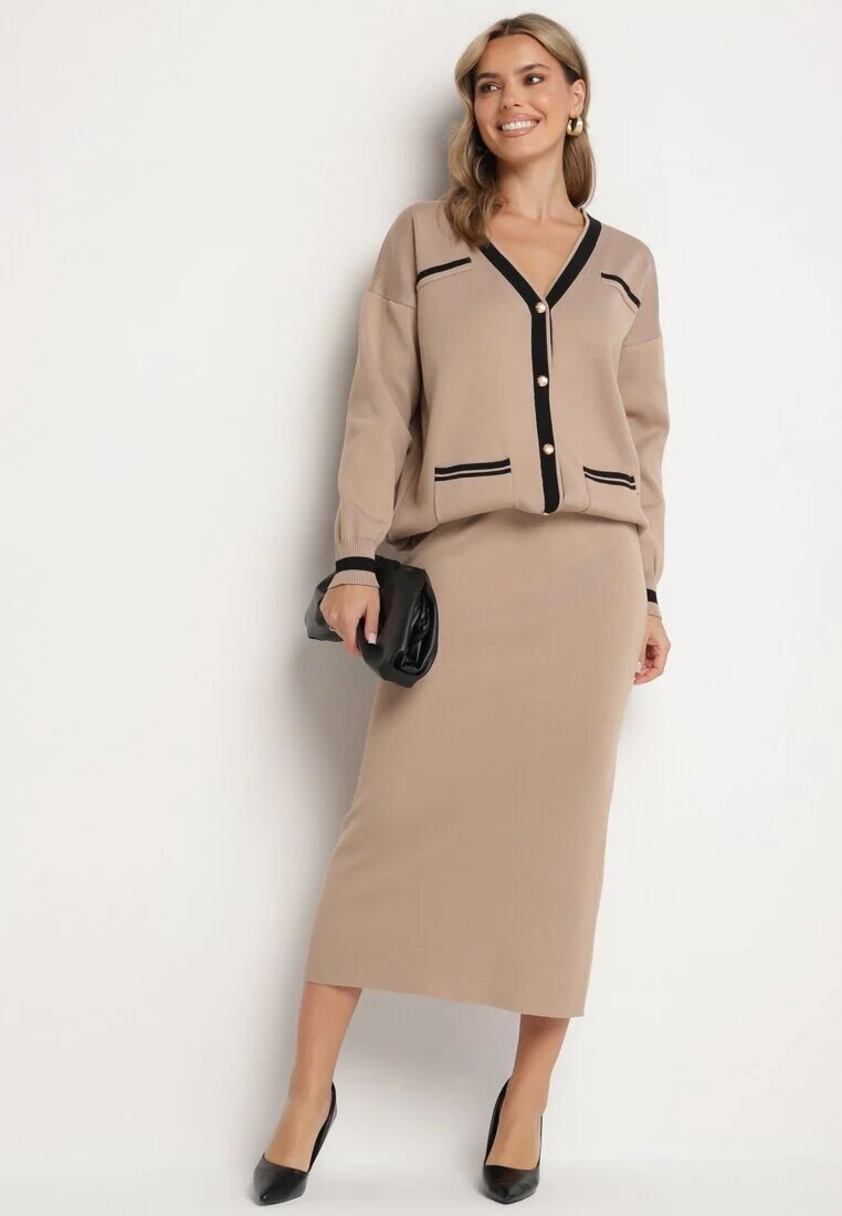  Set bej din viscoză Fustă ajustată Cardigan deschis cu bordură Tamaira