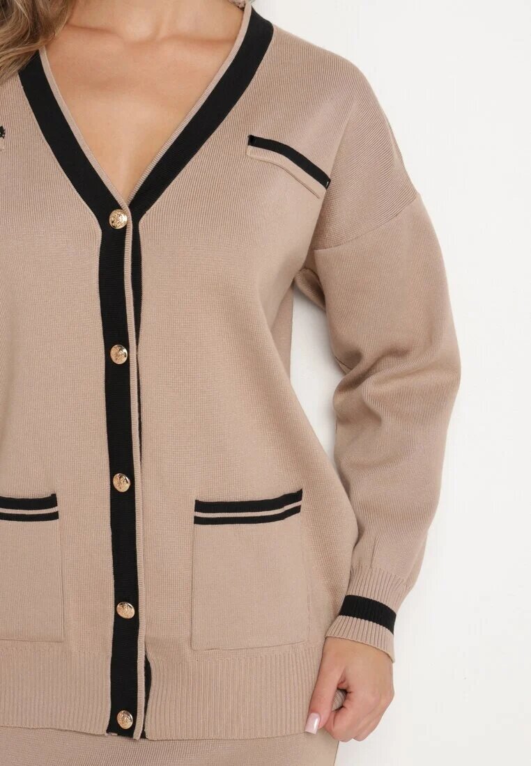  Set bej din viscoză Fustă ajustată Cardigan deschis cu bordură Tamaira