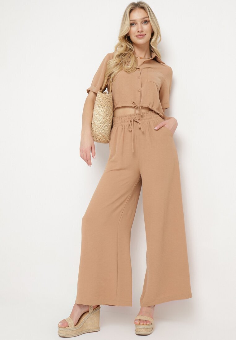  Set Bej închis Cămașă scurtă cu Nasturi Pantaloni cu Elastic în Talie Yinesa